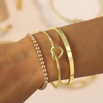Gold Bangle Cuff Bracelets for Women 14k Gold Plated Cubic Zirconia Tennis Bracelet Non tarnish Love Knot Bracelets Stack Cuff Bangles Adjustable Jewelry Set for Women 3pcs.