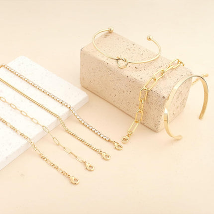 Gold Bangle Cuff Bracelets for Women 14k Gold Plated Cubic Zirconia Tennis Bracelet Non tarnish Love Knot Bracelets Stack Cuff Bangles Adjustable Jewelry Set for Women 3pcs.