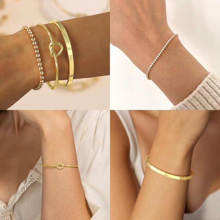 Gold Bangle Cuff Bracelets for Women 14k Gold Plated Cubic Zirconia Tennis Bracelet Non tarnish Love Knot Bracelets Stack Cuff Bangles Adjustable Jewelry Set for Women 3pcs.