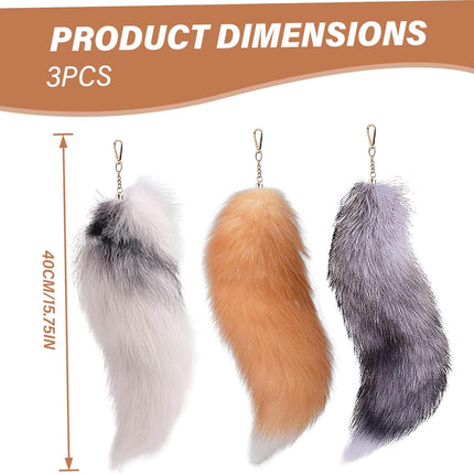 3 Pcs Therian Tail, 15.8 Inch Long Therian Fox Tail with Clasp, Halloween Soft Fluffy Fox Tail Keychain, Hanging Fox Tails for Women Adult Handbag Backpack.
