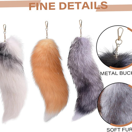 3 Pcs Therian Tail, 15.8 Inch Long Therian Fox Tail with Clasp, Halloween Soft Fluffy Fox Tail Keychain, Hanging Fox Tails for Women Adult Handbag Backpack.