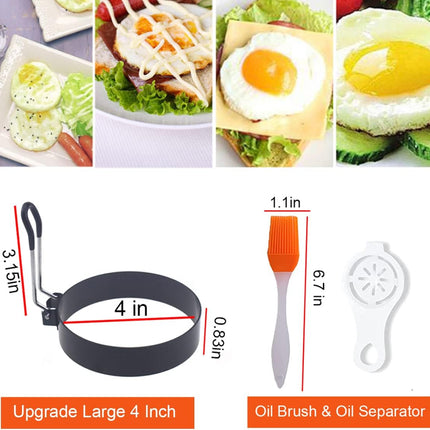 Egg Ring, 4 Packs Upgrade Large 4" Stainless Steel Non-stick Rings for Griddle Frying, Round Cooker for Pancakes, Muffins With Oil Brush and Separator.