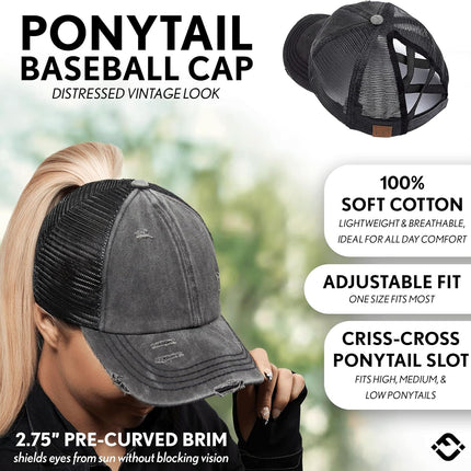 Criss Cross Hat Womens Baseball Cap Distressed Ponytail Messy Bun Trucker Ponycap.
