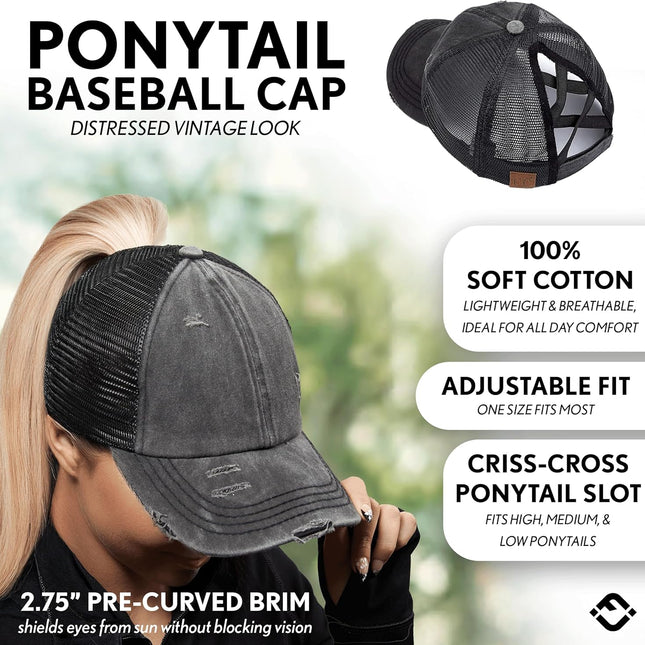 Criss Cross Hat Womens Baseball Cap Distressed Ponytail Messy Bun Trucker Ponycap.