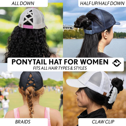 Criss Cross Hat Womens Baseball Cap Distressed Ponytail Messy Bun Trucker Ponycap.