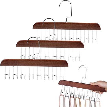 4 Pack Tank Top Bra Hanger, Wood Tie and Belt Hanger, Anti Slip Multi Hook Coat Rack, Hanging Closet Organization Storage Holder for Belts, Ties, Scarfs, Bras, Camisoles (Dark Brown).