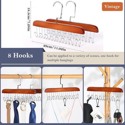 4 Pack Tank Top Bra Hanger, Wood Tie and Belt Hanger, Anti Slip Multi Hook Coat Rack, Hanging Closet Organization Storage Holder for Belts, Ties, Scarfs, Bras, Camisoles (Dark Brown).