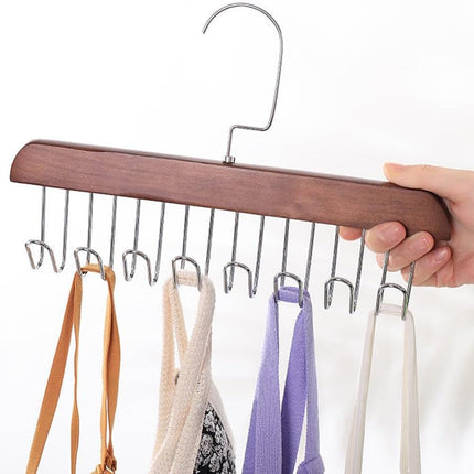 4 Pack Tank Top Bra Hanger, Wood Tie and Belt Hanger, Anti Slip Multi Hook Coat Rack, Hanging Closet Organization Storage Holder for Belts, Ties, Scarfs, Bras, Camisoles (Dark Brown).