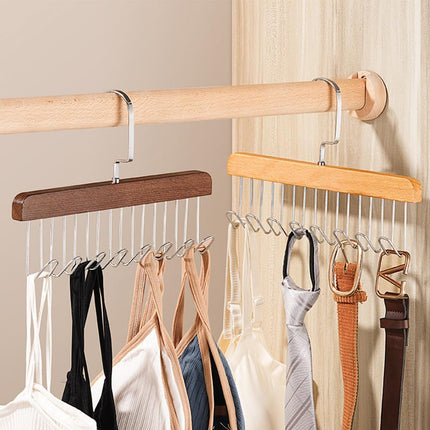 4 Pack Tank Top Bra Hanger, Wood Tie and Belt Hanger, Anti Slip Multi Hook Coat Rack, Hanging Closet Organization Storage Holder for Belts, Ties, Scarfs, Bras, Camisoles (Dark Brown).