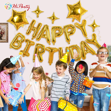 23pcs Birthday Balloons Banner, 3D Gold Premium Mylar Foil Ecofriendly Letter Happy Birthday Banner with 5pcs Star Balloons Kits for Kids Girls Boys Men Adults Birthday Party Decorations US7GD.