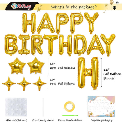 23pcs Birthday Balloons Banner, 3D Gold Premium Mylar Foil Ecofriendly Letter Happy Birthday Banner with 5pcs Star Balloons Kits for Kids Girls Boys Men Adults Birthday Party Decorations US7GD.