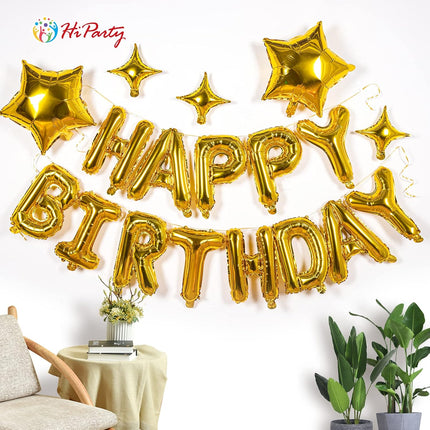 23pcs Birthday Balloons Banner, 3D Gold Premium Mylar Foil Ecofriendly Letter Happy Birthday Banner with 5pcs Star Balloons Kits for Kids Girls Boys Men Adults Birthday Party Decorations US7GD.