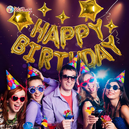 23pcs Birthday Balloons Banner, 3D Gold Premium Mylar Foil Ecofriendly Letter Happy Birthday Banner with 5pcs Star Balloons Kits for Kids Girls Boys Men Adults Birthday Party Decorations US7GD.