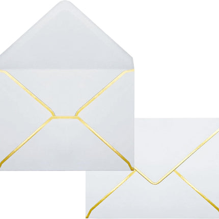 5x7 Envelopes for Invitations with Gold Border, 50 Pack A7 Envelopes with V-Flap, Self Seal Greeting Card Gift Card Envelopes Invitation Envelopes for Wedding, Graduation, Baby Shower, Party (White).