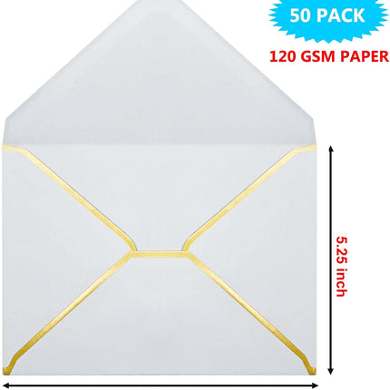 5x7 Envelopes for Invitations with Gold Border, 50 Pack A7 Envelopes with V-Flap, Self Seal Greeting Card Gift Card Envelopes Invitation Envelopes for Wedding, Graduation, Baby Shower, Party (White).