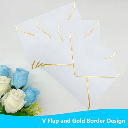 5x7 Envelopes for Invitations with Gold Border, 50 Pack A7 Envelopes with V-Flap, Self Seal Greeting Card Gift Card Envelopes Invitation Envelopes for Wedding, Graduation, Baby Shower, Party (White).