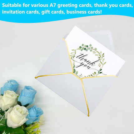5x7 Envelopes for Invitations with Gold Border, 50 Pack A7 Envelopes with V-Flap, Self Seal Greeting Card Gift Card Envelopes Invitation Envelopes for Wedding, Graduation, Baby Shower, Party (White).