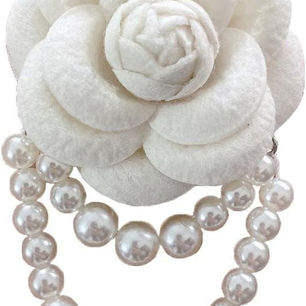 Fabric Camellia Flower Brooch Pins Pearl Tassel Corsage Jewelry Brooches for Women Shirt Collar Clothing Accessories Party Wedding Gifts, Alloy Steel, no gemstone.