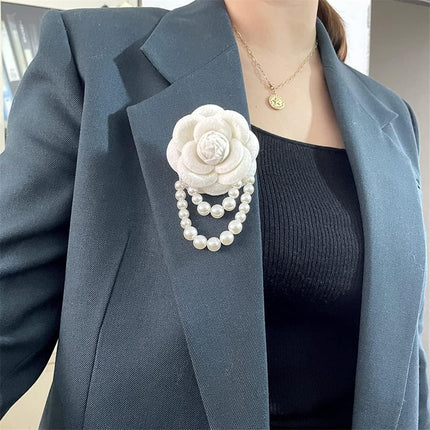 Fabric Camellia Flower Brooch Pins Pearl Tassel Corsage Jewelry Brooches for Women Shirt Collar Clothing Accessories Party Wedding Gifts, Alloy Steel, no gemstone.