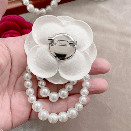 Fabric Camellia Flower Brooch Pins Pearl Tassel Corsage Jewelry Brooches for Women Shirt Collar Clothing Accessories Party Wedding Gifts, Alloy Steel, no gemstone.