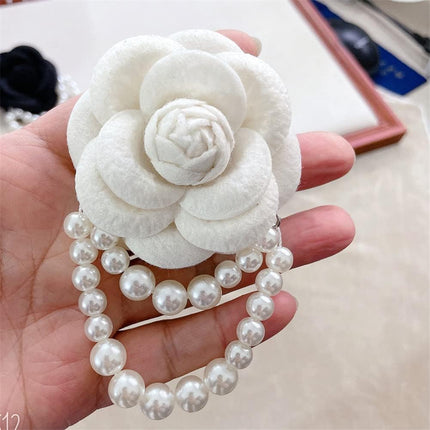 Fabric Camellia Flower Brooch Pins Pearl Tassel Corsage Jewelry Brooches for Women Shirt Collar Clothing Accessories Party Wedding Gifts, Alloy Steel, no gemstone.