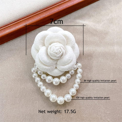 Fabric Camellia Flower Brooch Pins Pearl Tassel Corsage Jewelry Brooches for Women Shirt Collar Clothing Accessories Party Wedding Gifts, Alloy Steel, no gemstone.