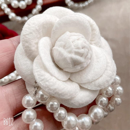 Fabric Camellia Flower Brooch Pins Pearl Tassel Corsage Jewelry Brooches for Women Shirt Collar Clothing Accessories Party Wedding Gifts, Alloy Steel, no gemstone.