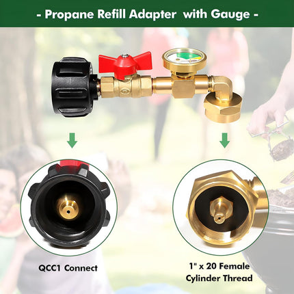 Propane Refill Adapter 20lb to 1lb Camping, 90 Degree Upgrade Propane Tank Adapter 20lb to 1lb Converter with Gauge and Control Valve for Propane Heater Grill Stove, 4 Caps Included,Solid Brass.