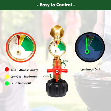 Propane Refill Adapter 20lb to 1lb Camping, 90 Degree Upgrade Propane Tank Adapter 20lb to 1lb Converter with Gauge and Control Valve for Propane Heater Grill Stove, 4 Caps Included,Solid Brass.