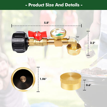 Propane Refill Adapter 20lb to 1lb Camping, 90 Degree Upgrade Propane Tank Adapter 20lb to 1lb Converter with Gauge and Control Valve for Propane Heater Grill Stove, 4 Caps Included,Solid Brass.