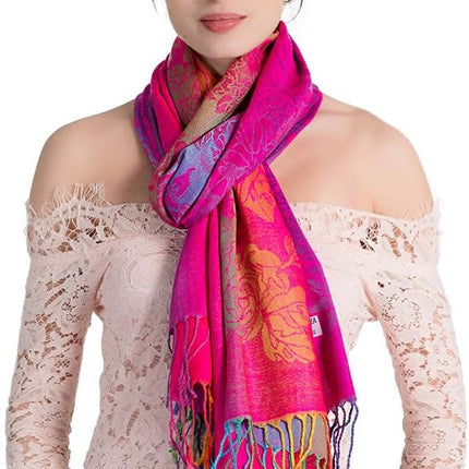 Colorful flowers Jacquard cotton pashmina Women Wrap Shawl tassels Scarves.