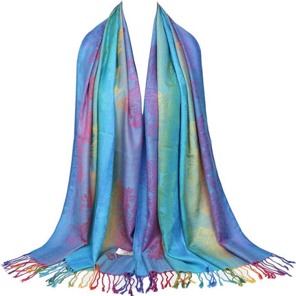 Colorful flowers Jacquard cotton pashmina Women Wrap Shawl tassels Scarves.