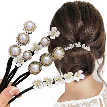 Hair Bun Maker, Deft Bun, 4PCS Women Magic Hair Bun Maker with Peal and Flower, Magic Twist Hairpin Lazy Curler Reusable Bun Hair Accessories for Women Girls,French Twist Hairstyle Donut bun Former Maker Hairstyle (Black and white).