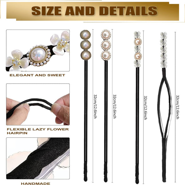 Hair Bun Maker, Deft Bun, 4PCS Women Magic Hair Bun Maker with Peal and Flower, Magic Twist Hairpin Lazy Curler Reusable Bun Hair Accessories for Women Girls,French Twist Hairstyle Donut bun Former Maker Hairstyle (Black and white).