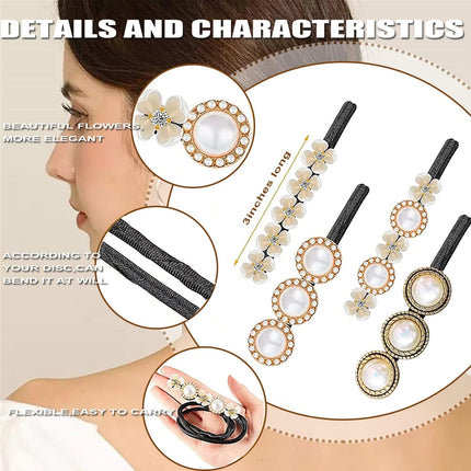 Hair Bun Maker, Deft Bun, 4PCS Women Magic Hair Bun Maker with Peal and Flower, Magic Twist Hairpin Lazy Curler Reusable Bun Hair Accessories for Women Girls,French Twist Hairstyle Donut bun Former Maker Hairstyle (Black and white).
