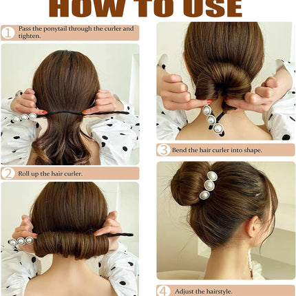 Hair Bun Maker, Deft Bun, 4PCS Women Magic Hair Bun Maker with Peal and Flower, Magic Twist Hairpin Lazy Curler Reusable Bun Hair Accessories for Women Girls,French Twist Hairstyle Donut bun Former Maker Hairstyle (Black and white).