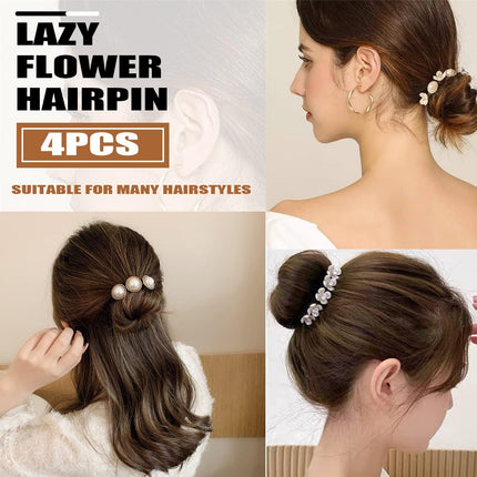 Hair Bun Maker, Deft Bun, 4PCS Women Magic Hair Bun Maker with Peal and Flower, Magic Twist Hairpin Lazy Curler Reusable Bun Hair Accessories for Women Girls,French Twist Hairstyle Donut bun Former Maker Hairstyle (Black and white).