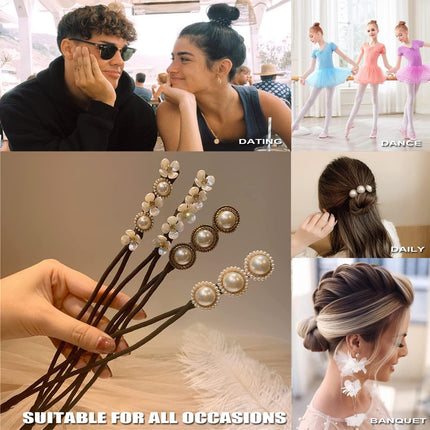 Hair Bun Maker, Deft Bun, 4PCS Women Magic Hair Bun Maker with Peal and Flower, Magic Twist Hairpin Lazy Curler Reusable Bun Hair Accessories for Women Girls,French Twist Hairstyle Donut bun Former Maker Hairstyle (Black and white).