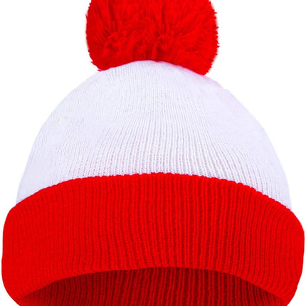 Adult Halloween Red White Beanie Waldo Hat Christmas Pom Pom Striped Knit Hat.