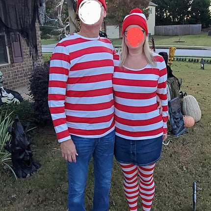 Adult Halloween Red White Beanie Waldo Hat Christmas Pom Pom Striped Knit Hat.