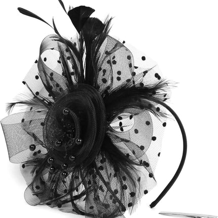 Fascinators For Women,Mesh Feather Fascinator Hats,Headband Hair Clip Net Veil Headwear, Party Evening Dress Female Veil Gauze Hair Accessories（Black）.