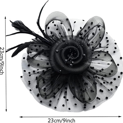 Fascinators For Women,Mesh Feather Fascinator Hats,Headband Hair Clip Net Veil Headwear, Party Evening Dress Female Veil Gauze Hair Accessories（Black）.