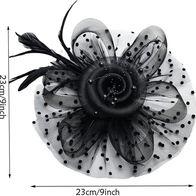 Fascinators For Women,Mesh Feather Fascinator Hats,Headband Hair Clip Net Veil Headwear, Party Evening Dress Female Veil Gauze Hair Accessories（Black）.