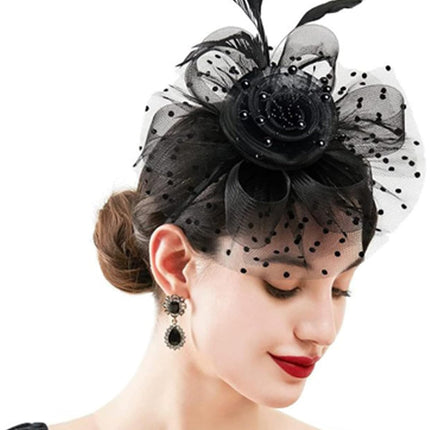Fascinators For Women,Mesh Feather Fascinator Hats,Headband Hair Clip Net Veil Headwear, Party Evening Dress Female Veil Gauze Hair Accessories（Black）.