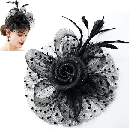 Fascinators For Women,Mesh Feather Fascinator Hats,Headband Hair Clip Net Veil Headwear, Party Evening Dress Female Veil Gauze Hair Accessories（Black）.