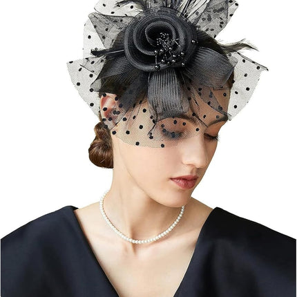 Fascinators For Women,Mesh Feather Fascinator Hats,Headband Hair Clip Net Veil Headwear, Party Evening Dress Female Veil Gauze Hair Accessories（Black）.