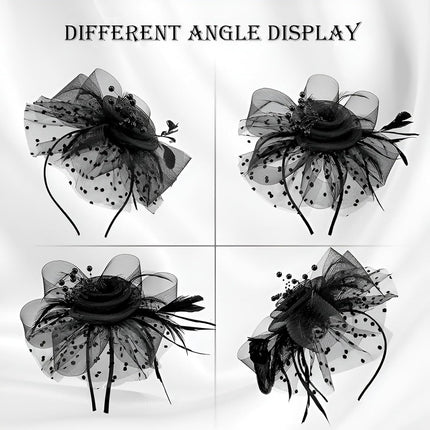 Fascinators For Women,Mesh Feather Fascinator Hats,Headband Hair Clip Net Veil Headwear, Party Evening Dress Female Veil Gauze Hair Accessories（Black）.