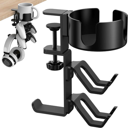 4 in 1 Desk Cup Holder with Headphone Hanger and Controller Stand Gaming Accessories, Universal Adjustable & Rotating Upgraded Arm Clamp for Coffee Mugs, Water Bottles, Headphones, Controller..