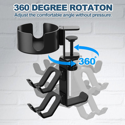 4 in 1 Desk Cup Holder with Headphone Hanger and Controller Stand Gaming Accessories, Universal Adjustable & Rotating Upgraded Arm Clamp for Coffee Mugs, Water Bottles, Headphones, Controller..