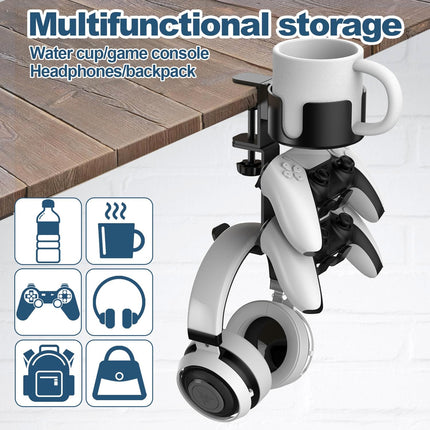 4 in 1 Desk Cup Holder with Headphone Hanger and Controller Stand Gaming Accessories, Universal Adjustable & Rotating Upgraded Arm Clamp for Coffee Mugs, Water Bottles, Headphones, Controller..